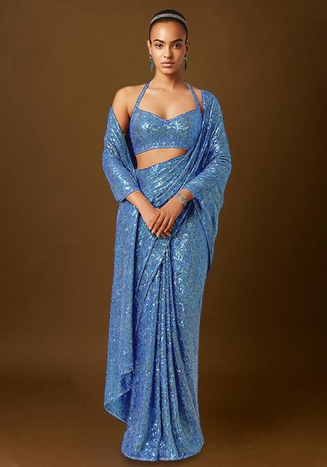 Blue Sequins Embroidery Net Pre Draped Saree Set