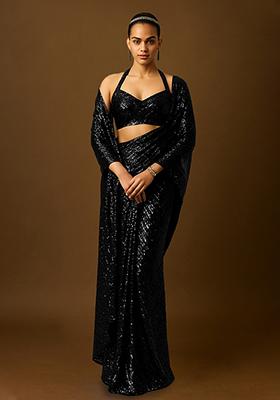 Black Sequins Embroidery Net Pre Draped Saree Set
