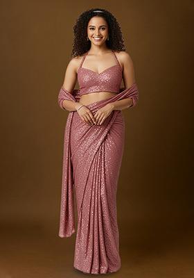 Pink Sequins Embroidery Net Pre Draped Saree Set