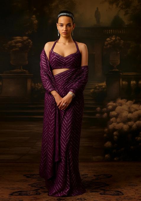 Pink Sequins Embroidery Net Pre Draped Saree Set