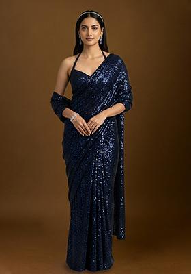 Blue Sequins Embroidery Net Pre Draped Saree Set