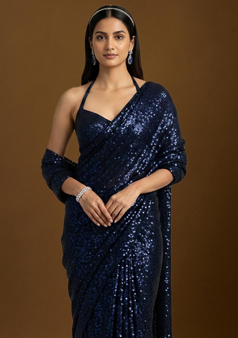 Blue Sequins Embroidery Net Pre Draped Saree Set - Indya