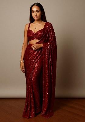 Maroon Sequins Embroidery Net Pre Draped Saree Set