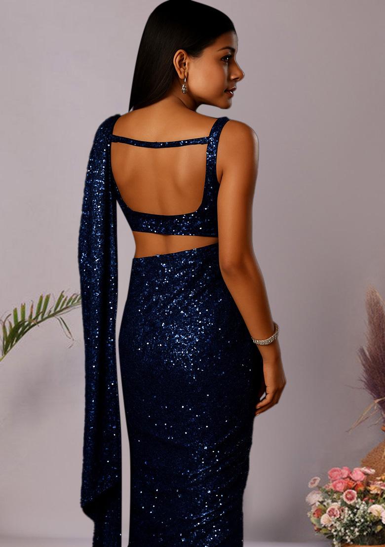 Blue Sequins Embroidery Net Pre Draped Saree Set - Indya