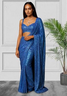 Blue Sequins Embroidery Net Pre Draped Saree Set