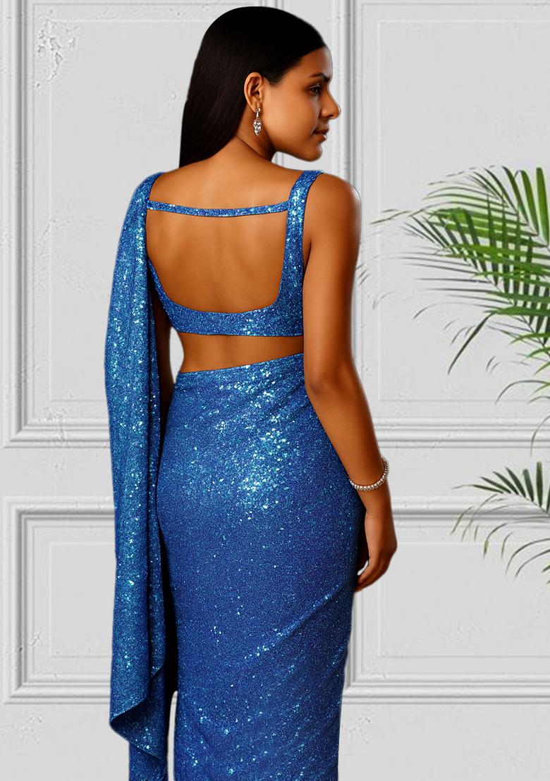 Blue Sequins Embroidery Net Pre Draped Saree Set - Indya