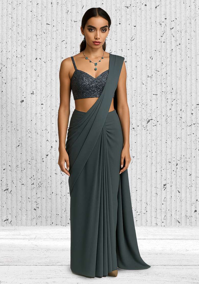 Dark Grey Net Pre Draped Saree Set with Embroidery & Sequins for Diwali | Wedding & Festive Wear - Indya