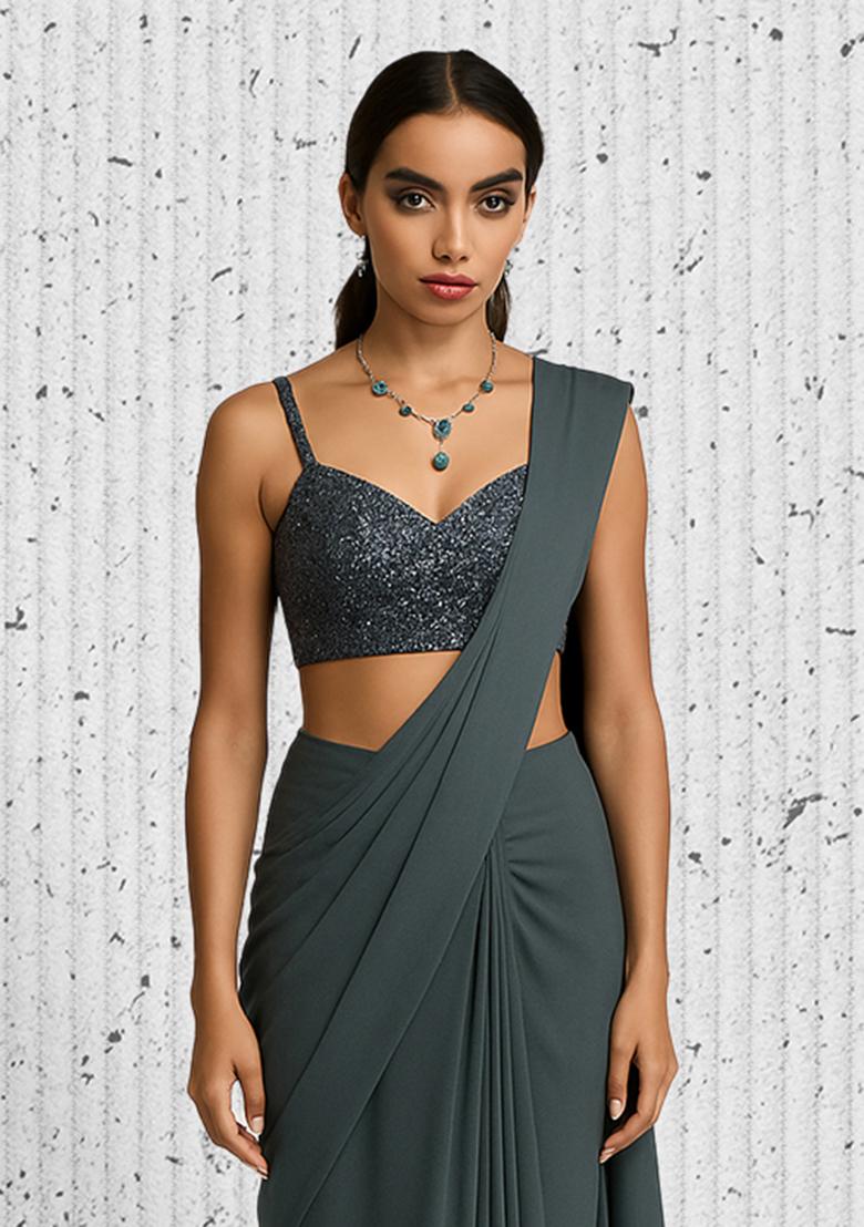 Dark Grey Sequins Embroidery Net Pre Draped Saree Set - Indya