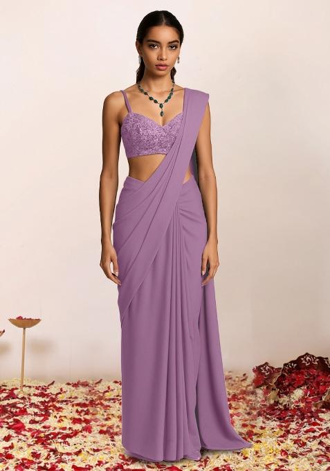 Purple Sequins Embroidery Net Pre Draped Saree Set