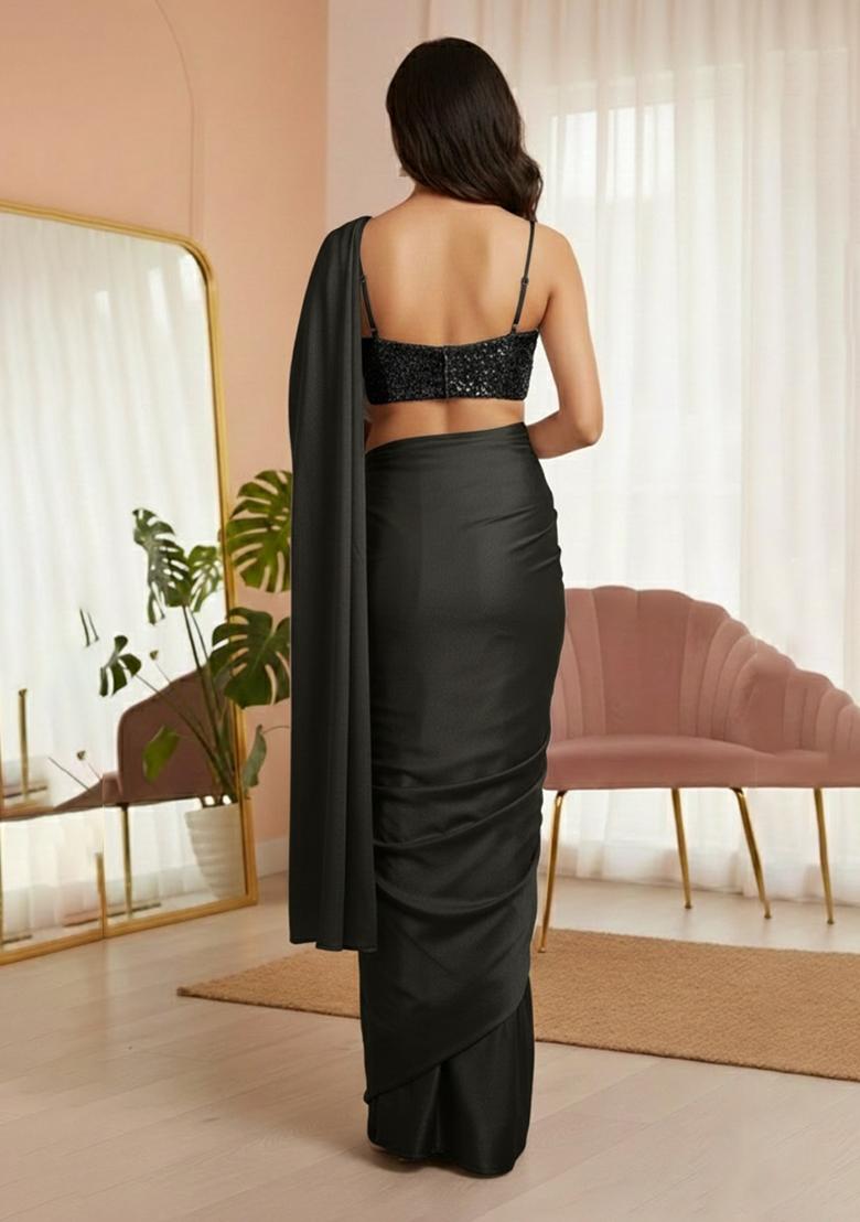 Black Sequins Embroidery Net Pre Draped Saree Set - Indya