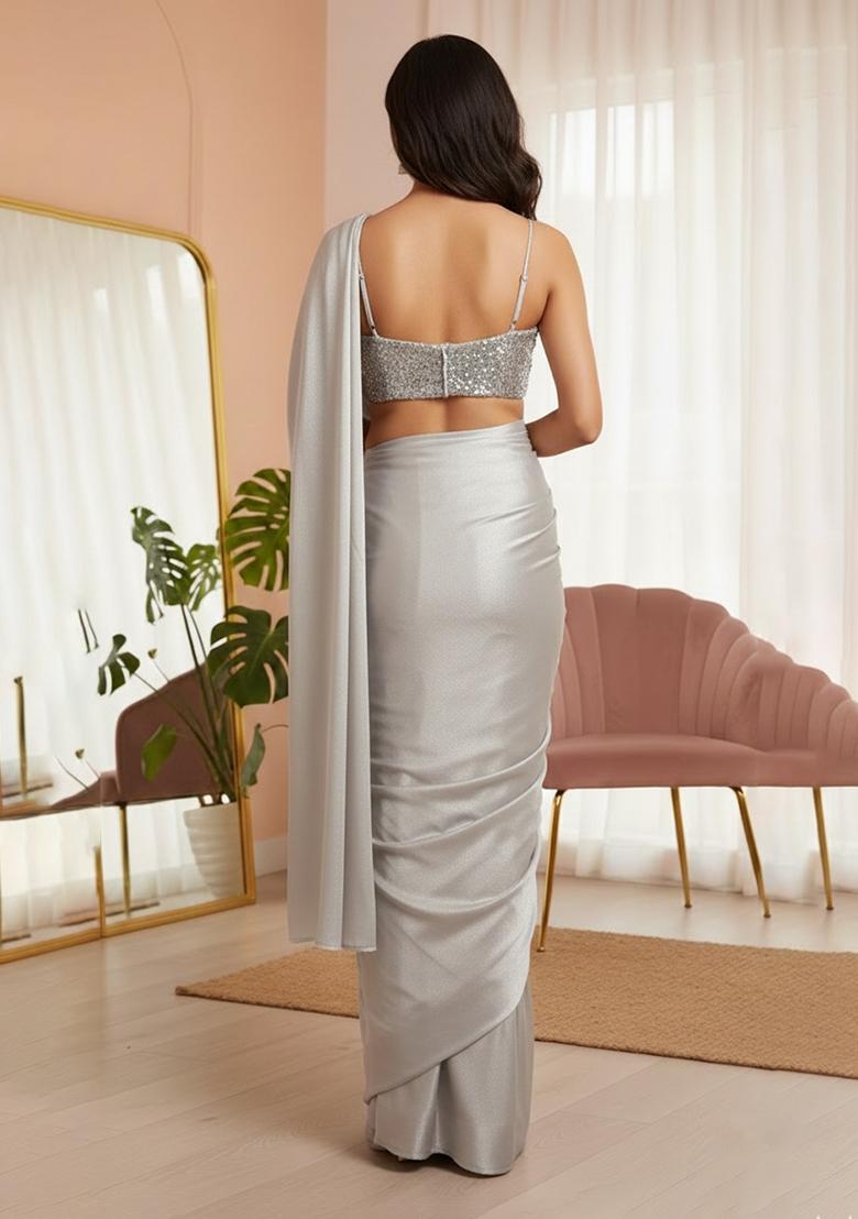 Grey Sequins Embroidery Net Pre Draped Saree Set - Indya