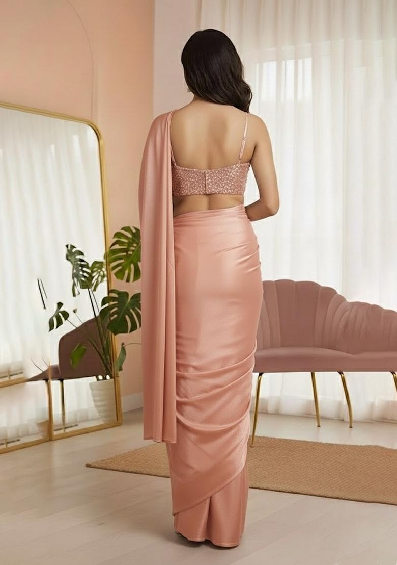 Pink Sequins Embroidery Net Pre Draped Saree Set - Indya