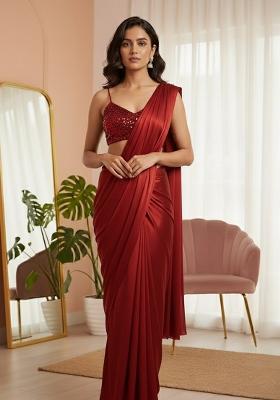 Red Sequins Embroidery Net Pre Draped Saree Set