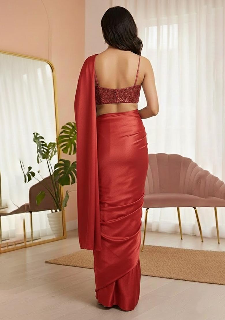 Red Sequins Embroidery Net Pre Draped Saree Set - Indya