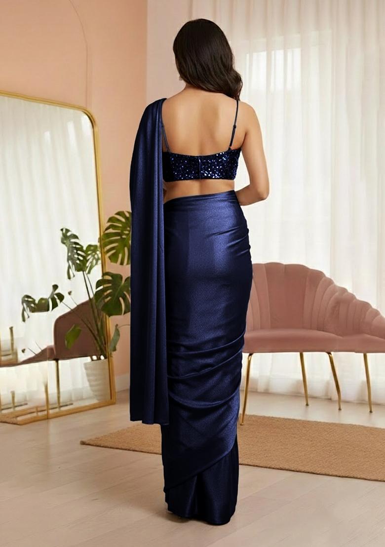 Blue Sequins Embroidery Net Pre Draped Saree Set - Indya
