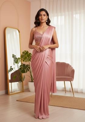 Pink Sequins Embroidery Net Pre Draped Saree Set