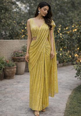 Yellow Sequins Embroidery Net Pre Draped Saree Set
