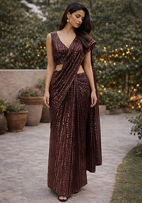 Brown Sequins Embroidery Net Pre Draped Saree Set