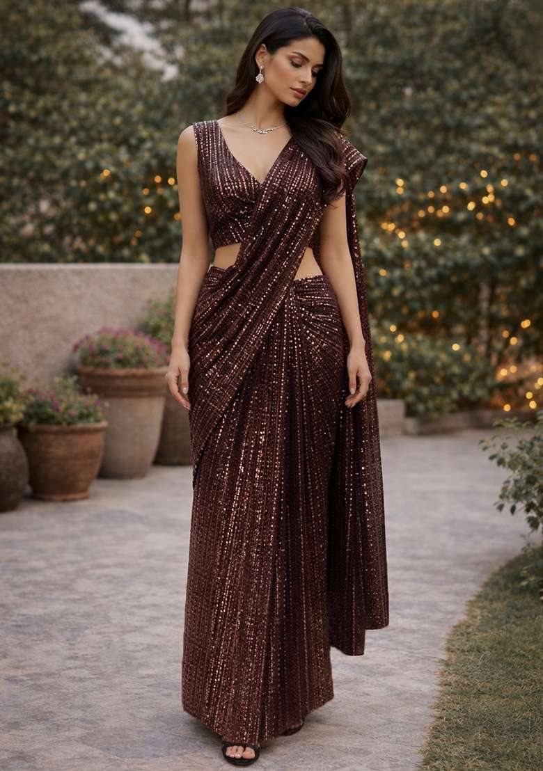 Brown Sequins Embroidery Net Pre Draped Saree Set for Diwali and Festive Wear - Indya