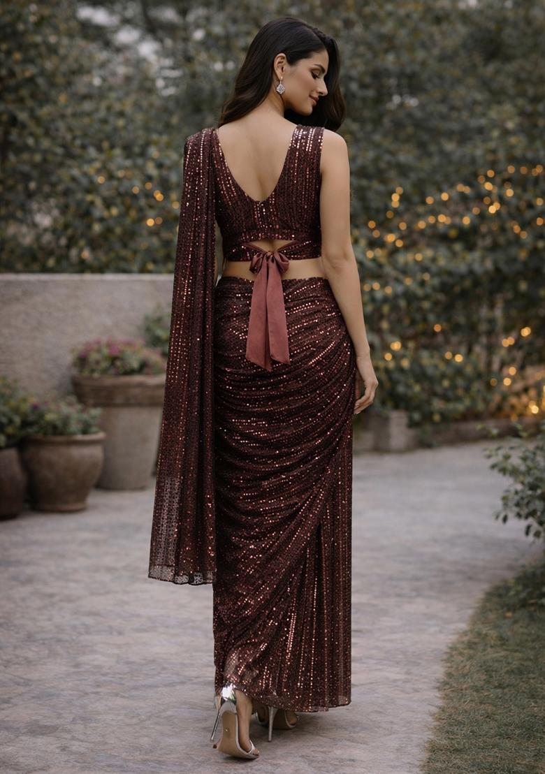 Brown Sequins Embroidery Net Pre Draped Saree Set - Indya