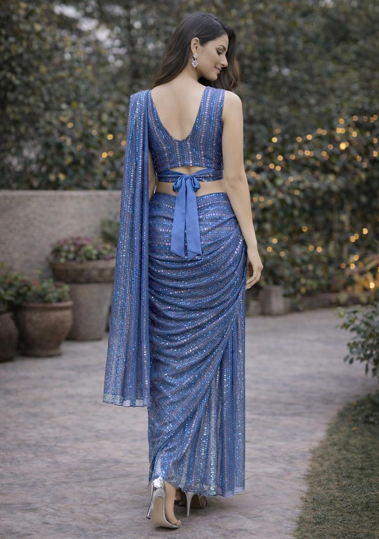 Blue Sequins Embroidery Net Pre Draped Saree Set - Indya