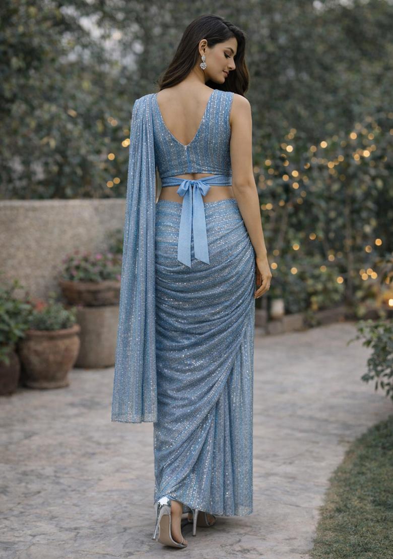 Blue Sequins Embroidery Net Pre Draped Saree Set - Indya