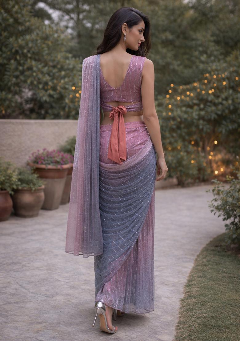 Multicolour Sequins Embroidery Net Pre Draped Saree Set - Indya
