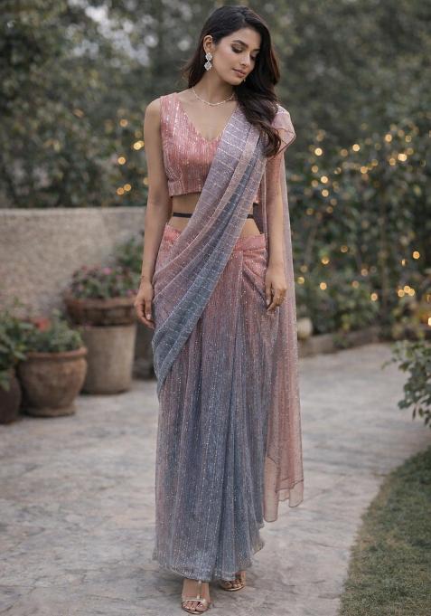 Multicolour Sequins Embroidery Net Pre Draped Saree Set