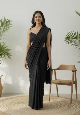 Black Sequins Embroidery Net Pre Draped Saree Set