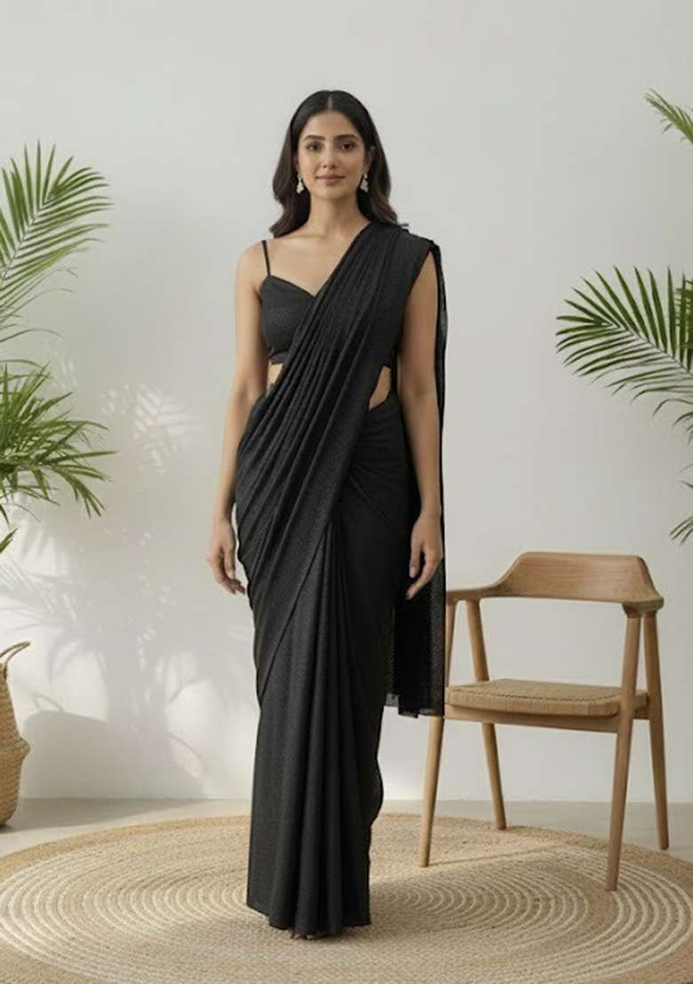 Black Sequins Embroidery Net Pre Draped Saree Set - Indya