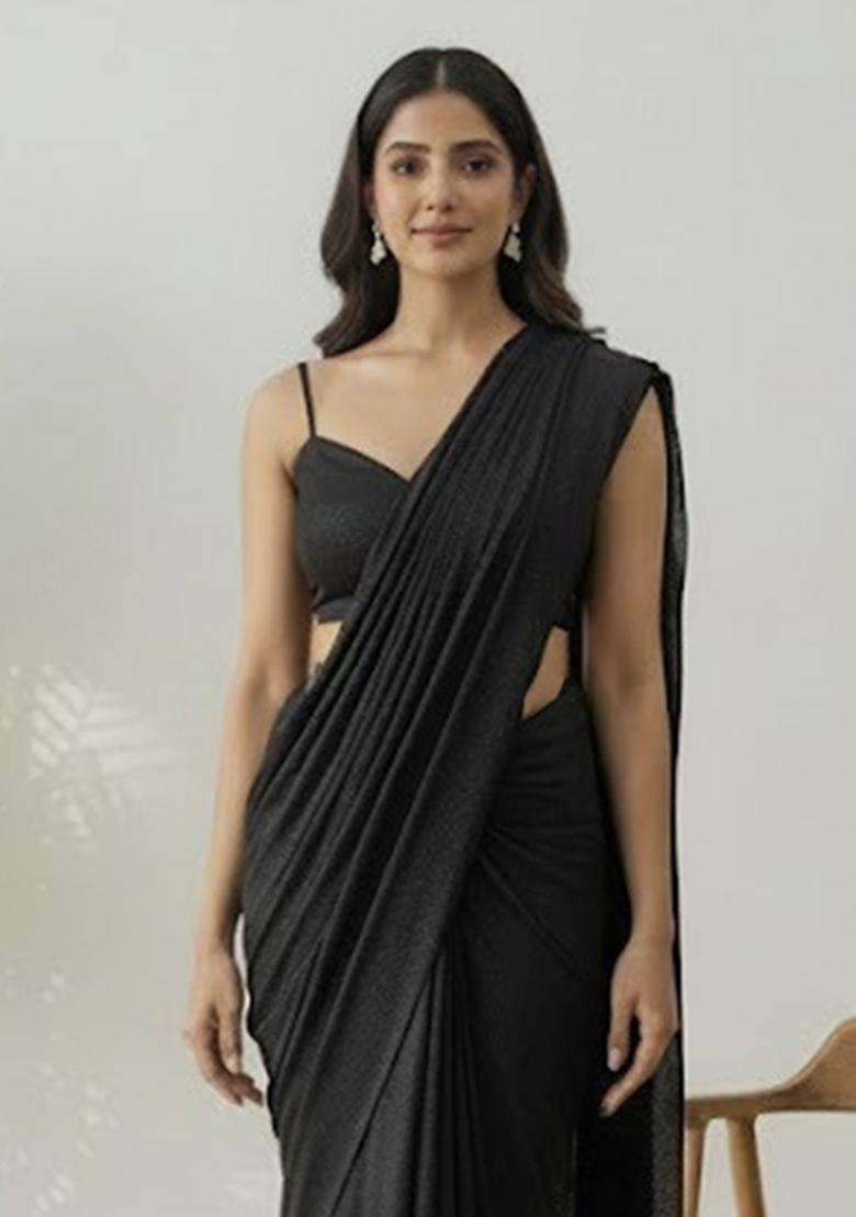 Black Sequins Embroidery Net Pre Draped Saree Set - Indya