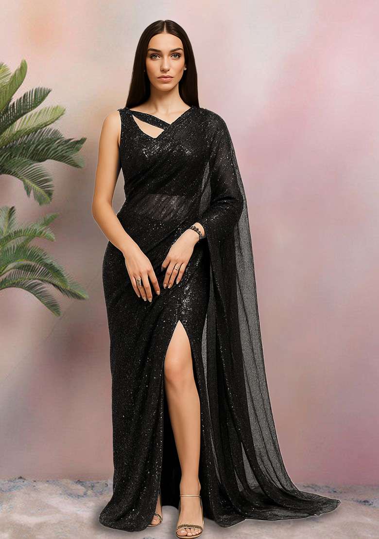 Black Net Pre Draped Saree Set with Sequin for Diwali | Wedding & Festive Wear - Indya