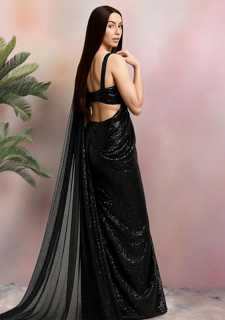 Black Sequin Net Pre Draped Saree Set - Indya