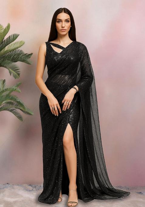 Black Sequin Net Pre Draped Saree Set