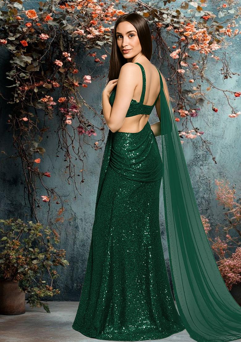 Green Sequin Net Pre Draped Saree Set - Indya