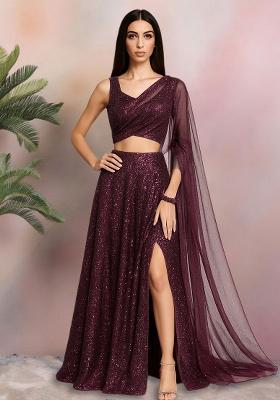 Pink Sequin Net Pre Draped Saree Set