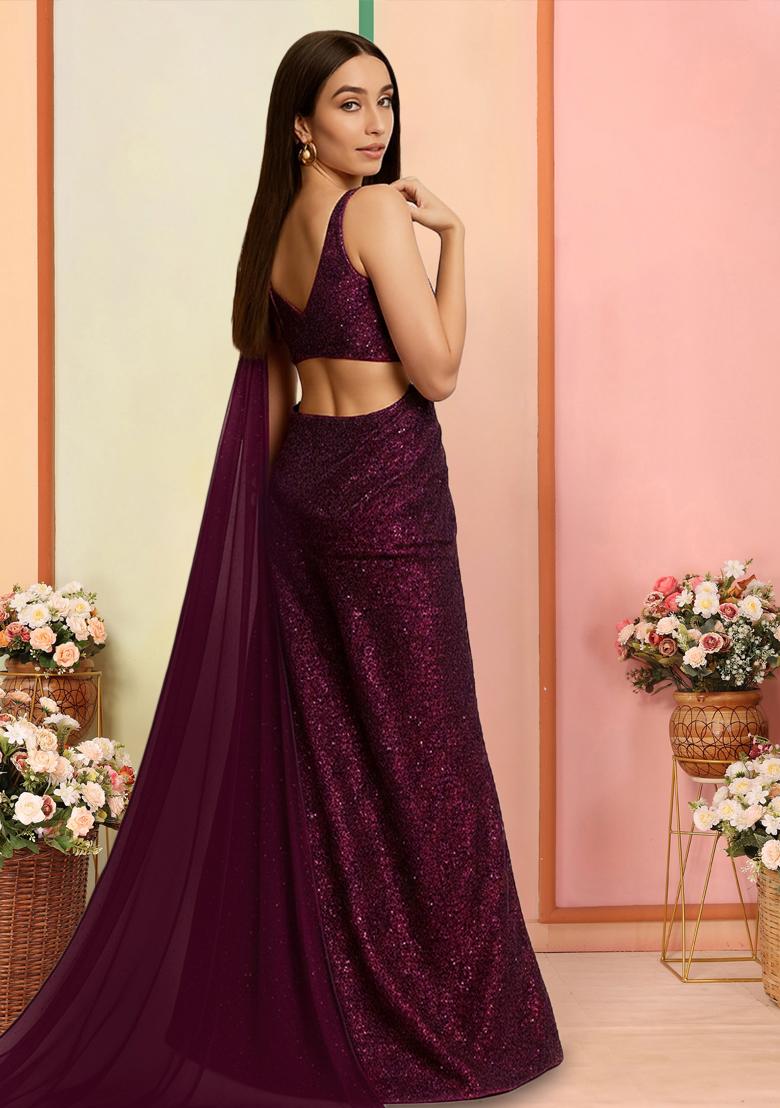 Pink Sequin Net Pre Draped Saree Set - Indya