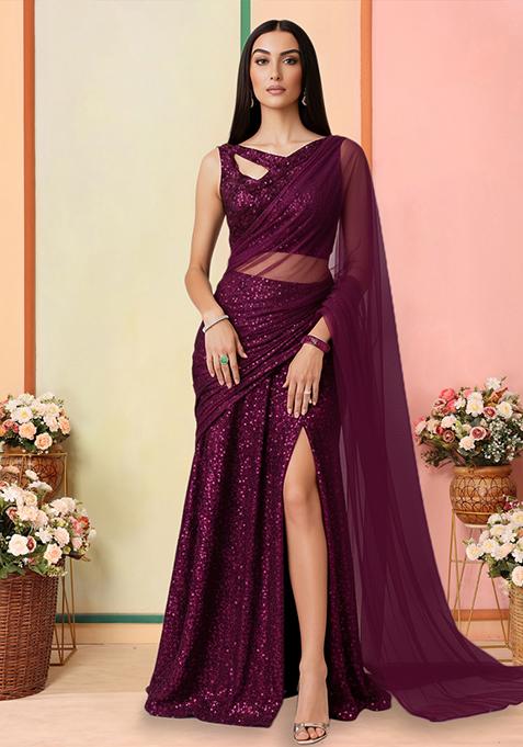 Pink Sequin Net Pre Draped Saree Set