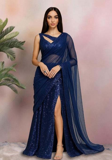 Blue Sequin Net Pre Draped Saree Set