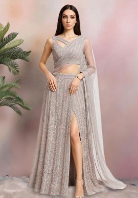 Pink Sequin Net Pre Draped Saree Set