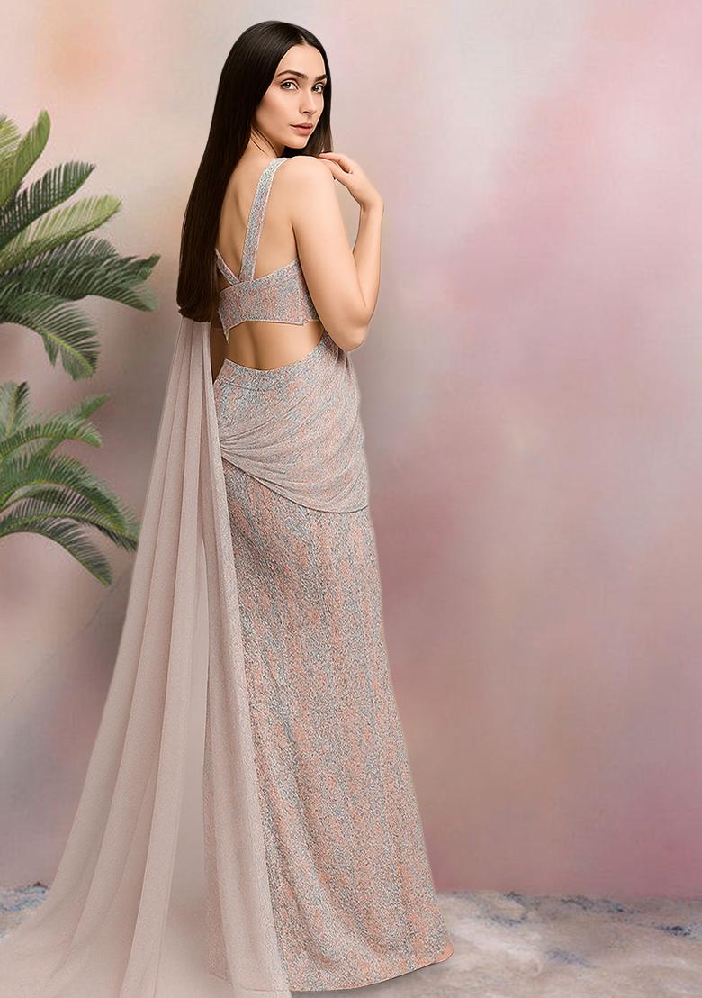 Pink Sequin Net Pre Draped Saree Set - Indya