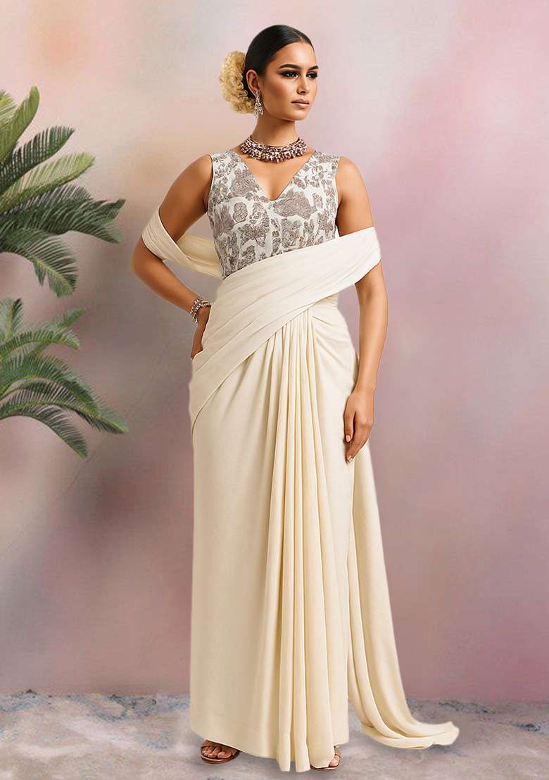Multicolour Embroidered Silk Blend Pre Draped Saree Set - Indya