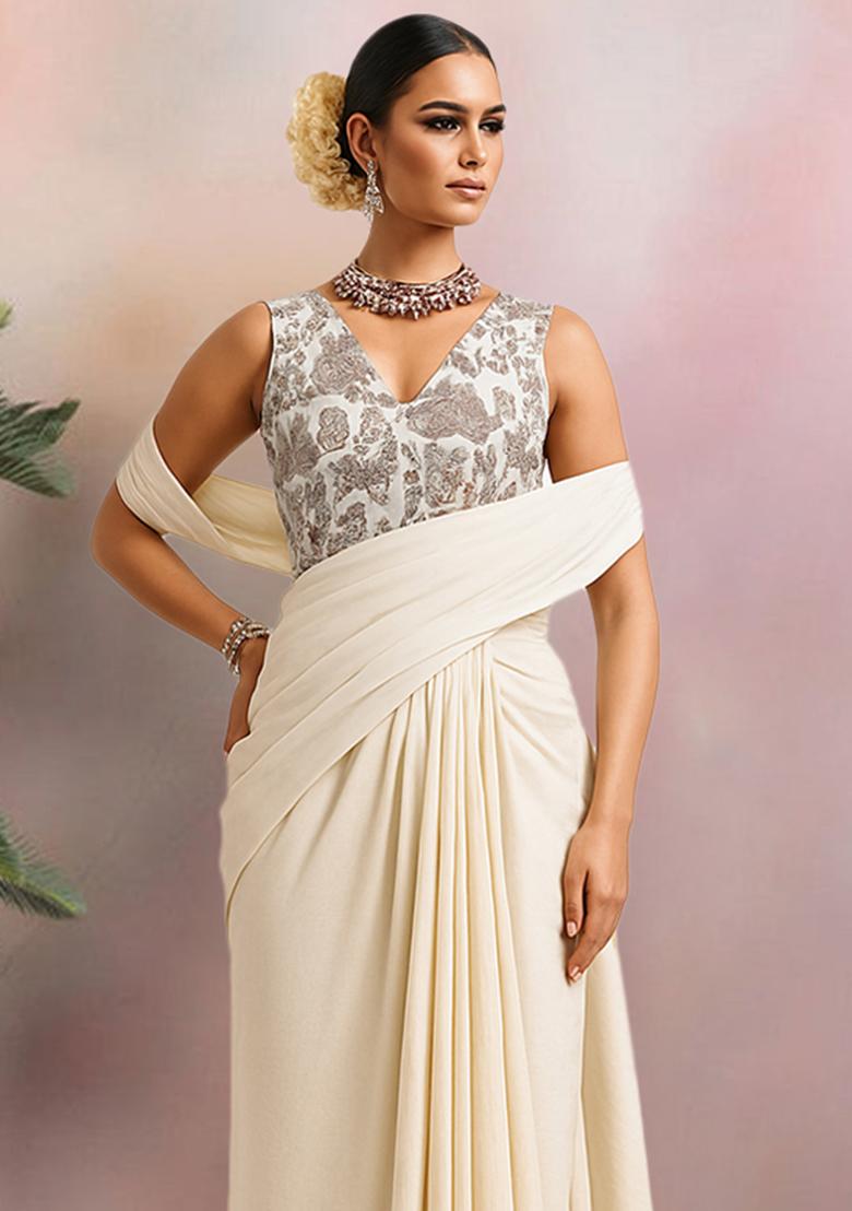 Multicolour Embroidered Silk Pre Draped Saree Set - Indya