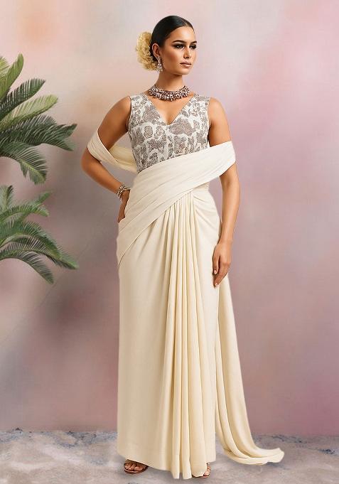 Multicolour Embroidered Silk Pre Draped Saree Set