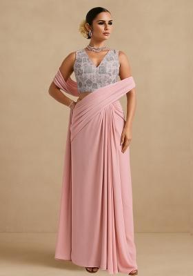 Multicolour Embroidered Silk Pre Draped Saree Set