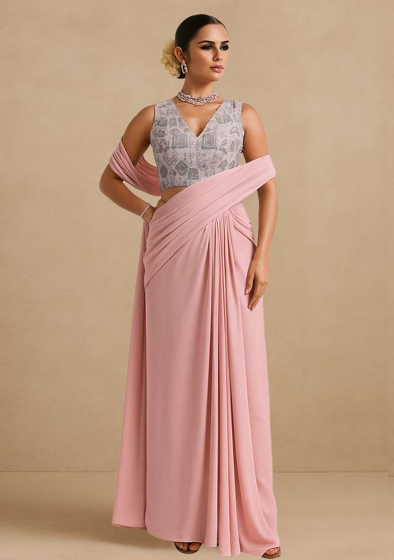 Multicolour Embroidered Silk Blend Pre Draped Saree Set - Indya