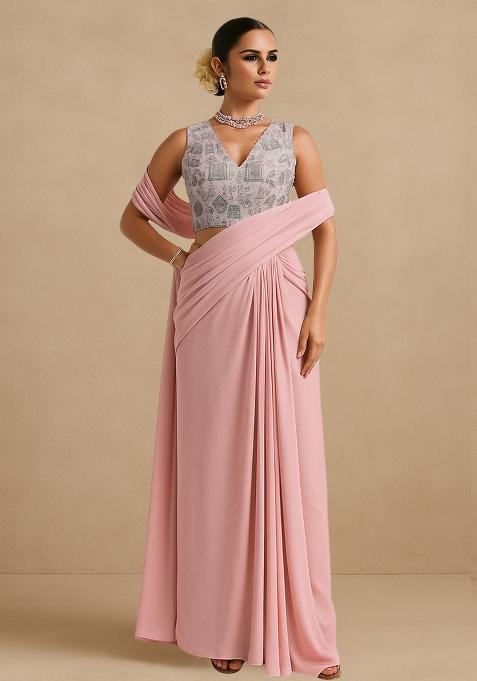 Multicolour Embroidered Silk Pre Draped Saree Set