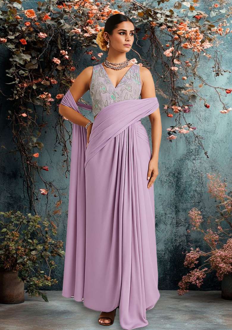 Multicolour Embroidered Silk Blend Pre Draped Saree Set - Indya