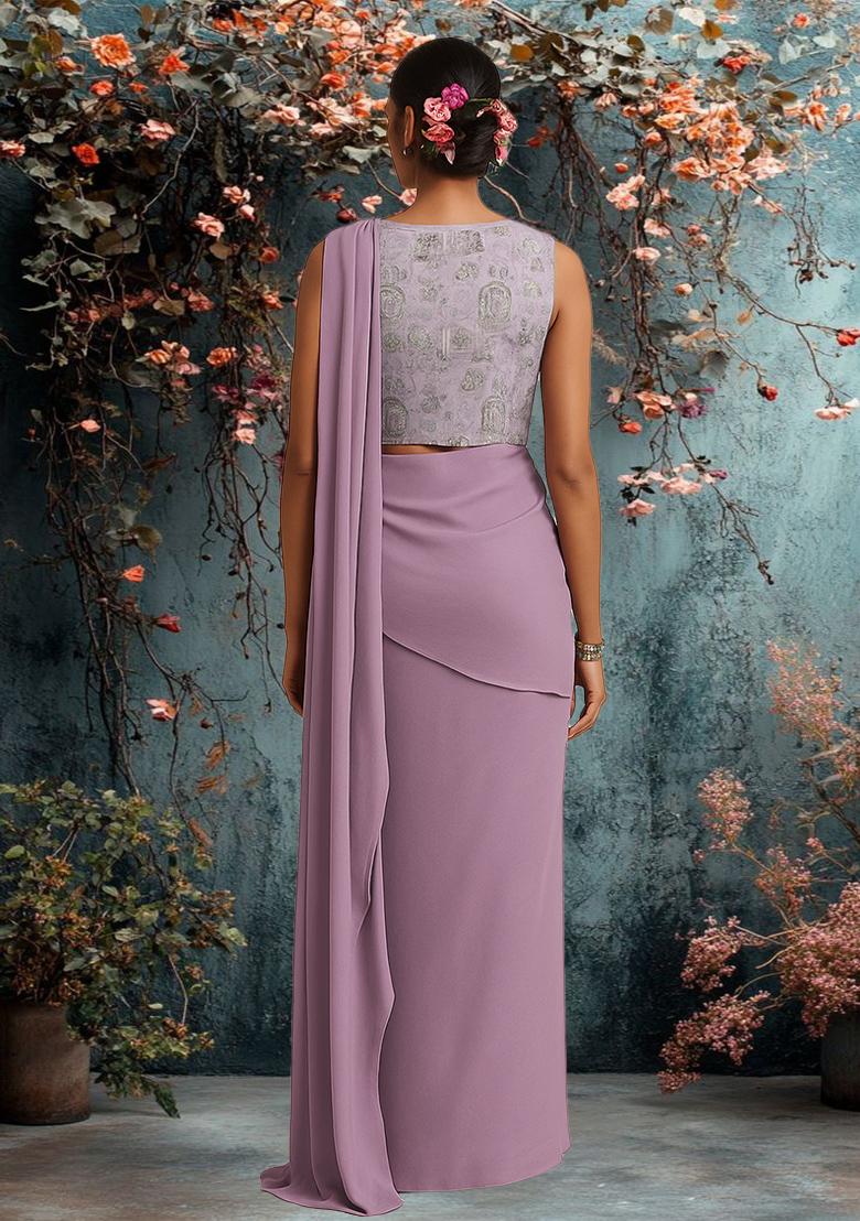 Multicolour Embroidered Silk Pre Draped Saree Set - Indya