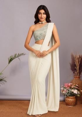 Multicolour Embroidered Silk Pre Draped Saree Set